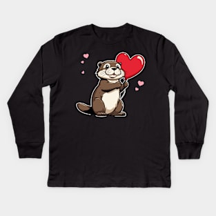 Otter Heart Balloon - Valentines Day Kids Long Sleeve T-Shirt